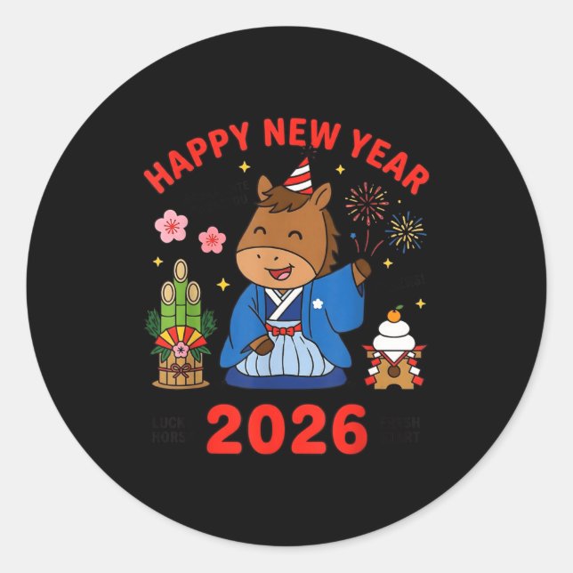 Happy New Year 2026 Cute Horse Japanese Celebratio Classic Round Sticker (Front)