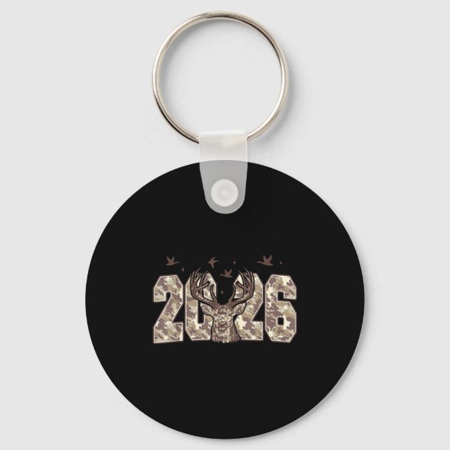 Happy New Year 2026 Deer Buck Hunting Camo Camoufl Key Ring (Front)