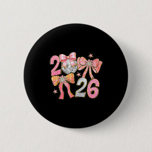 Happy New Year 2026 Disco Ball Coquette Bow New Ye 6 Cm Round Badge
