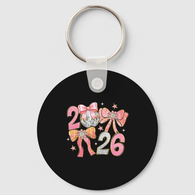 Happy New Year 2026 Disco Ball Coquette Bow New Ye Key Ring (Front)