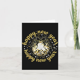 Happy New Year 2026 Disco Ball Gold Bow Coquette C Card