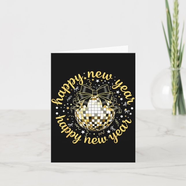 Happy New Year 2026 Disco Ball Gold Bow Coquette C Card (Front)