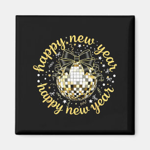 Happy New Year 2026 Disco Ball Gold Bow Coquette C Magnet