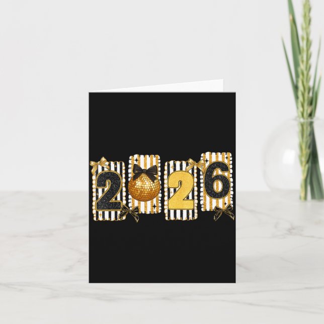 Happy New Year 2026 Disco Ball Gold Coquette Bow F Card (Front)