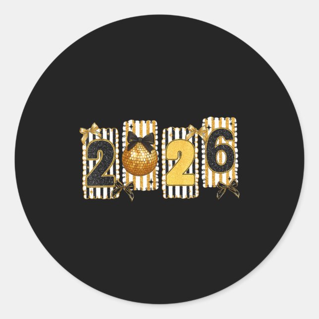 Happy New Year 2026 Disco Ball Gold Coquette Bow F Classic Round Sticker (Front)