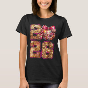Happy New Year 2026 Disco Ball Nk Coquette Bow Fam T-Shirt