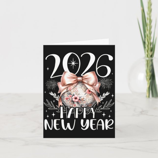 Happy New Year 2026 Disco Cute Bow Flower New Year Card (Front)