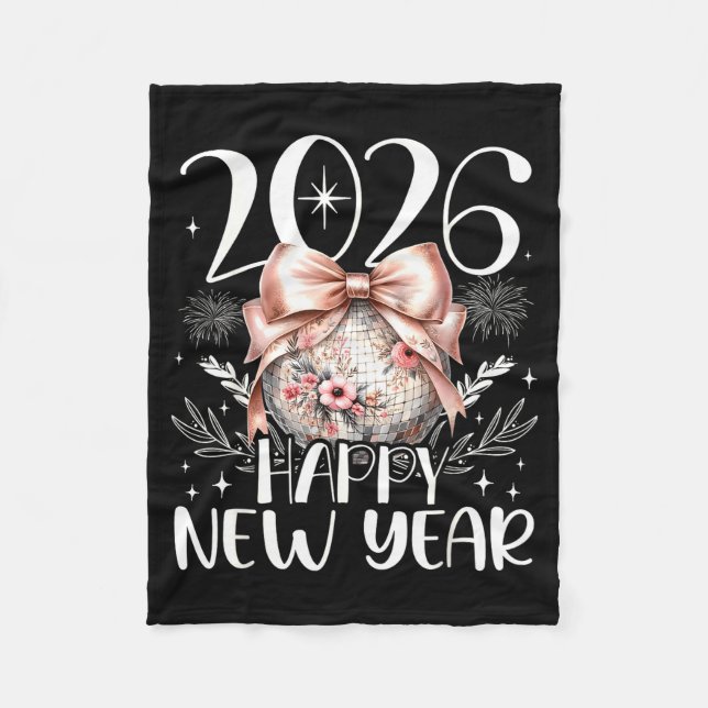 Happy New Year 2026 Disco Cute Bow Flower New Year Fleece Blanket (Front)