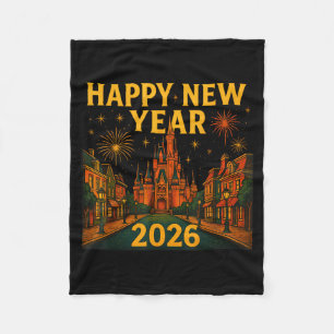 Happy New Year 2026 Fantasy Castle Fireworks Night Fleece Blanket