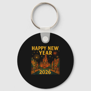 Happy New Year 2026 Fantasy Castle Fireworks Night Key Ring