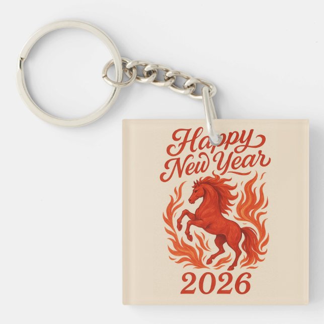 Happy New Year 2026 Fiery Horse Key Ring (Front)