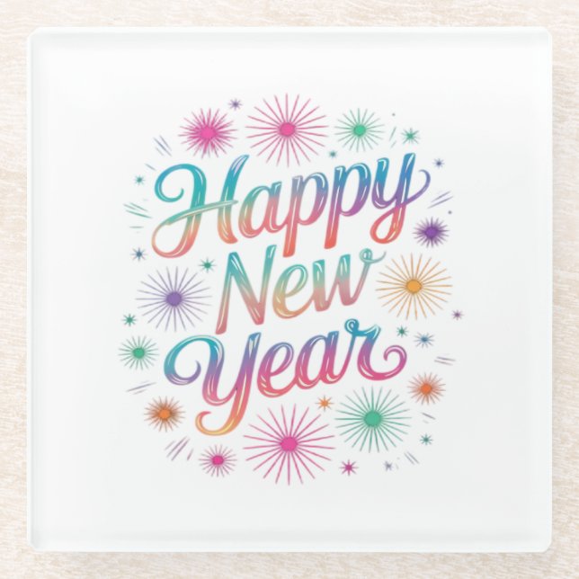 Happy New Year 2026 Fireworks Essential Glass Coaster (Front)