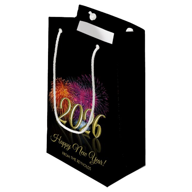 Happy New Year 2026 Fireworks Gold Small Gift Bag (Front Angled)