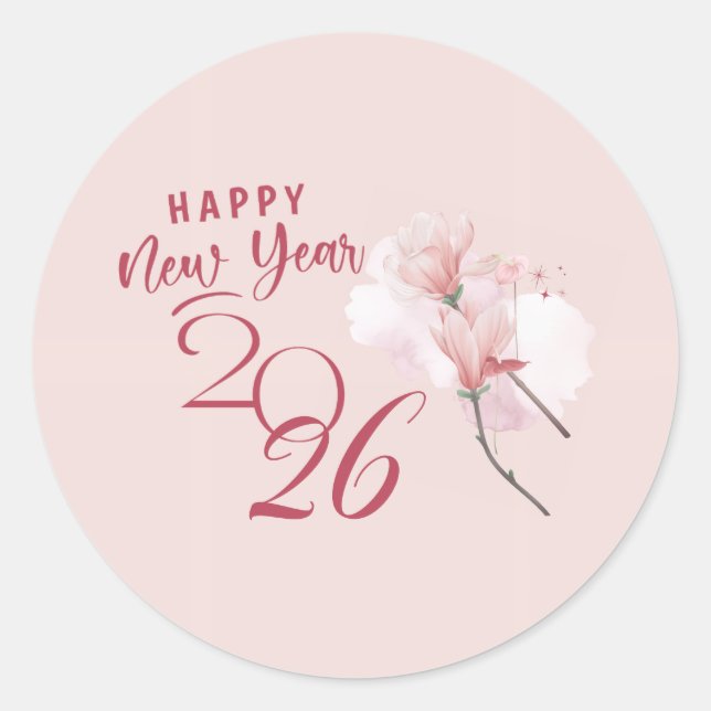 Happy New Year 2026 Floral Pink Round Sticker (Front)