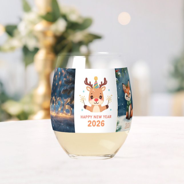 happy new year 2026 fox & reindeer  stemless wine glass (Insitu (Wedding))
