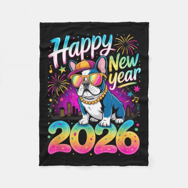 Happy New Year 2026 French Bulldog Fireworks Party Fleece Blanket (Front)