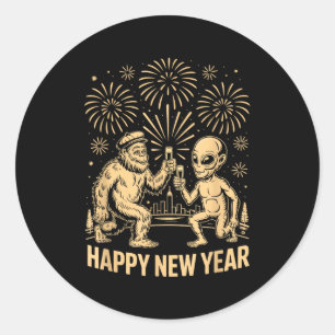 Happy New Year 2026 Funny Bigfoot And Alien Lovers Classic Round Sticker