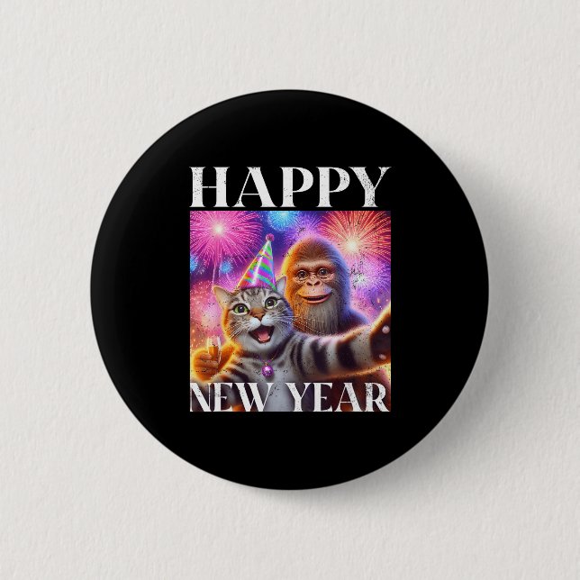 Happy New Year 2026 Funny Cat Bigfoot Party Art  6 Cm Round Badge (Front)