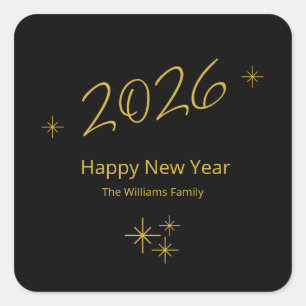 Happy New Year 2026 Gold Black Glam Snowflakes Square Sticker