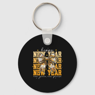 Happy New Year 2026 Gold Coquette Bow Disco Ball C Key Ring