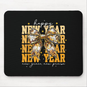 Happy New Year 2026 Gold Coquette Bow Disco Ball C Mouse Pad