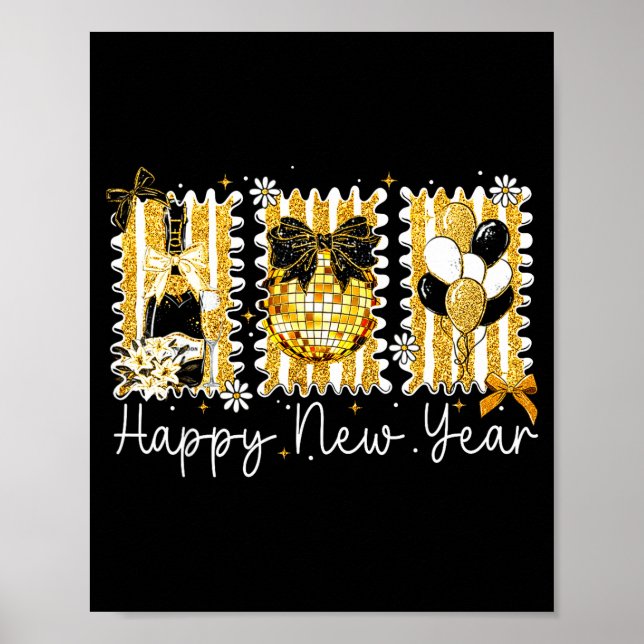 Happy New Year 2026 Gold Coquette Bow Disco Ball C Poster (Front)