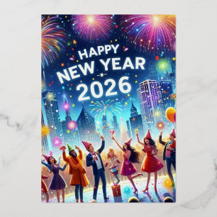 Happy New Year 2026 Gold Fireworks Foil Holiday Ca