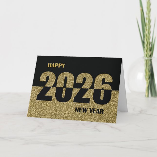 Happy New Year 2026, Gold Glitter-Look & Black Holiday Card (Front)
