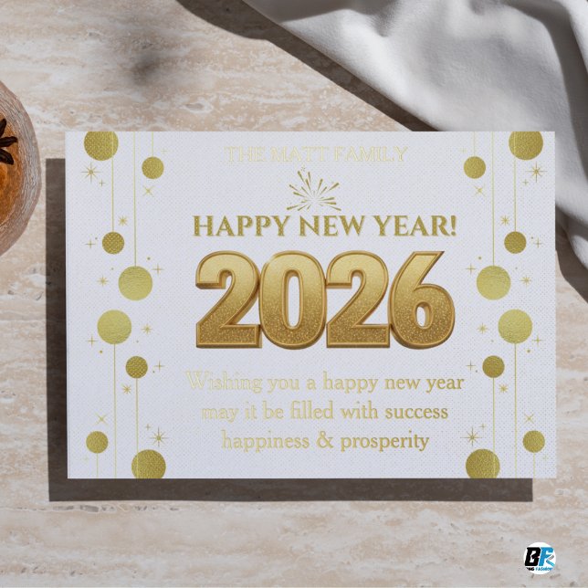HAPPY NEW YEAR 2026 GOLD ROUND DESIGN ZAZZLE FOIL HOLIDAY CARD (Happy New Year 2026 Foil Card)