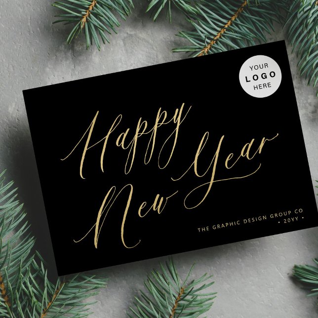 Happy New Year 2026 gold script business LOGO Holiday Card (Creator Uploaded)