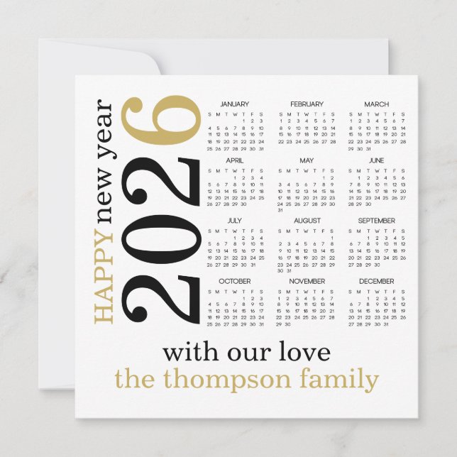 Happy New Year 2026 Gold White Calendar  Holiday Card (Front)