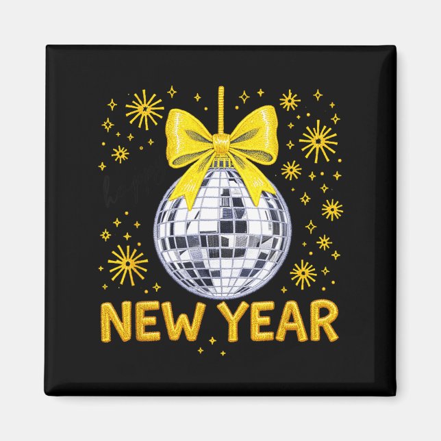Happy New Year 2026 Golden Disco Ball Bow New Year Magnet (Front)