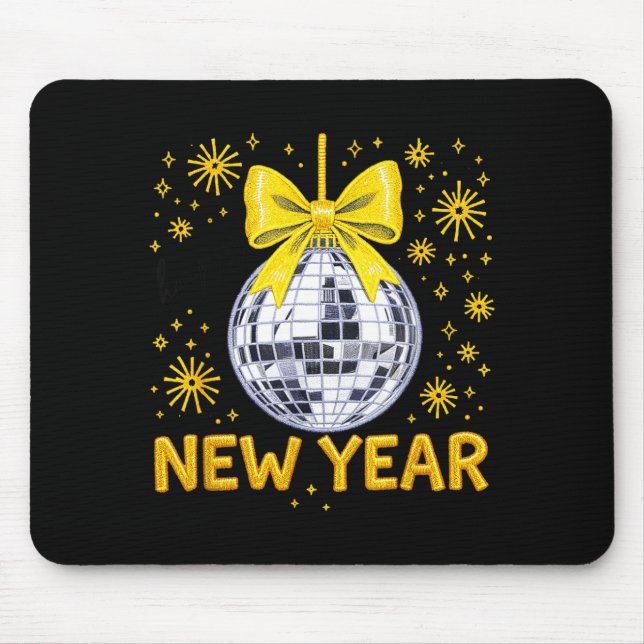 Happy New Year 2026 Golden Disco Ball Bow New Year Mouse Pad (Front)