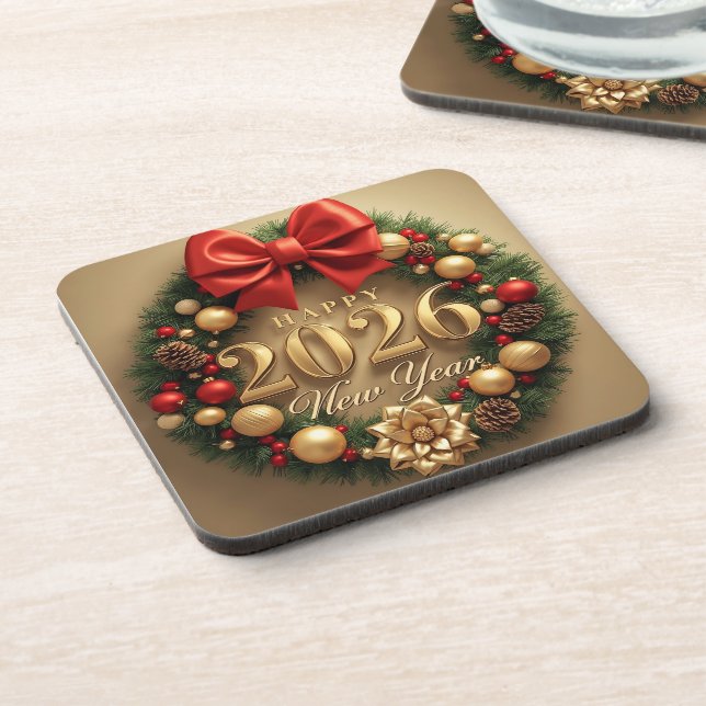 happy new year 2026 golden wreath coasters (Left Side)