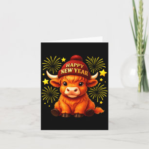 Happy New Year 2026 Highland Cow &amp; Party Hat N Card