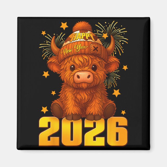 Happy New Year 2026 Highland Cow &amp; Party Hat N Magnet (Front)