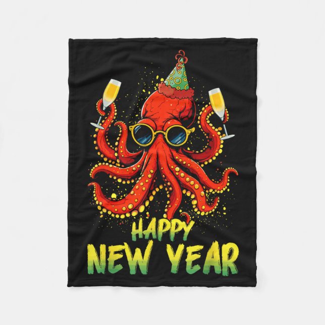 Happy New Year 2026 Octopus Drinking Champagne New Fleece Blanket (Front)