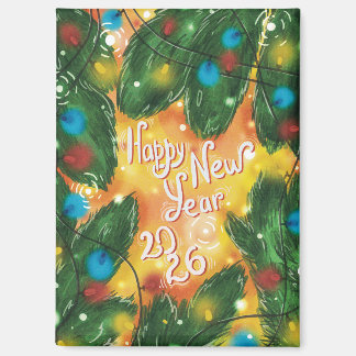 Happy New Year 2026 Pine Branches & Lights Magnet