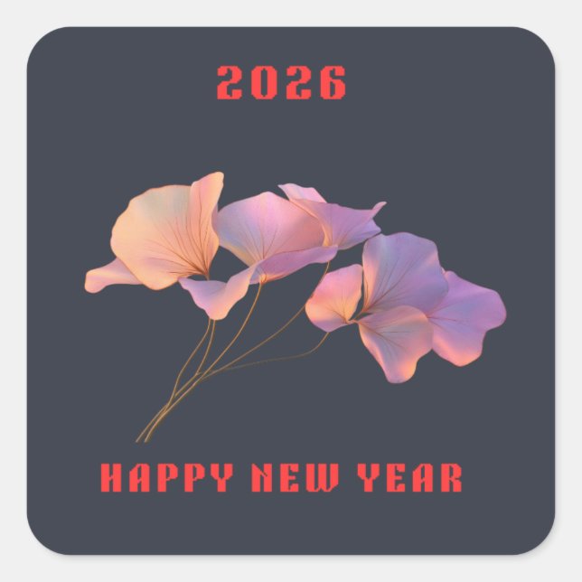 Happy New Year 2026 Pink Lotus Flower Illustration Square Sticker (Front)
