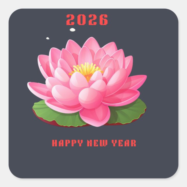 Happy New Year 2026 Pink Lotus Flower Illustration Square Sticker (Front)