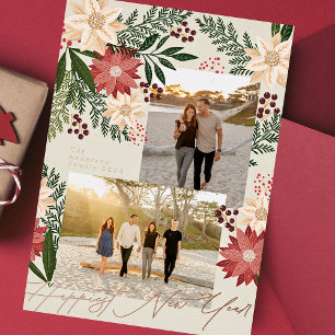 Happy New Year 2026 Poinsettia Multi Photo Foil Holiday Card