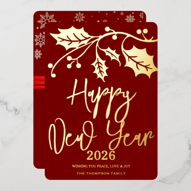 Happy New Year 2026, red ribbon Foil Holiday Card (Front/Back)