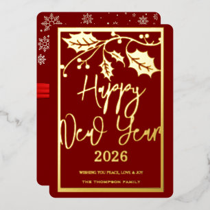Happy New Year 2026, red ribbon Foil Holiday Card