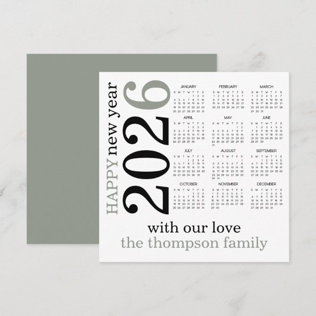Happy New Year 2026 Sage White Calendar  Holiday Card (Front/Back)