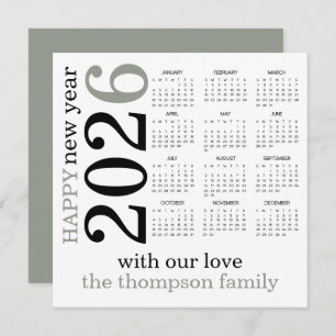 Happy New Year 2026 Sage White Calendar  Holiday Card
