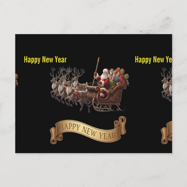 Happy New Year 2026 – Santa Sleigh on Black Holiday Postcard (Front)