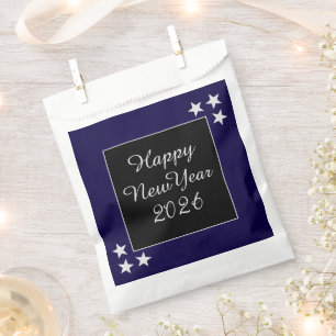 Happy New Year 2026 Silver Stars Black and Blue Favour Bag