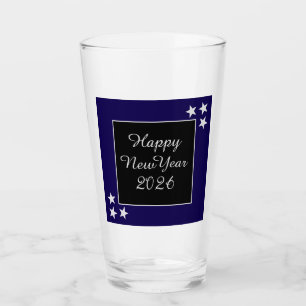 Happy New Year 2026 Silver Stars Black and Blue Glass