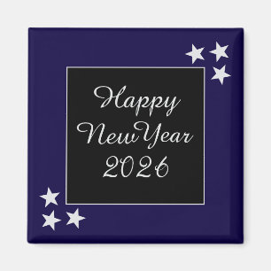 Happy New Year 2026 Silver Stars Black and Blue Magnet