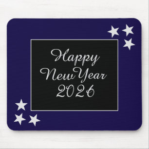 Happy New Year 2026 Silver Stars Black and Blue Mouse Pad